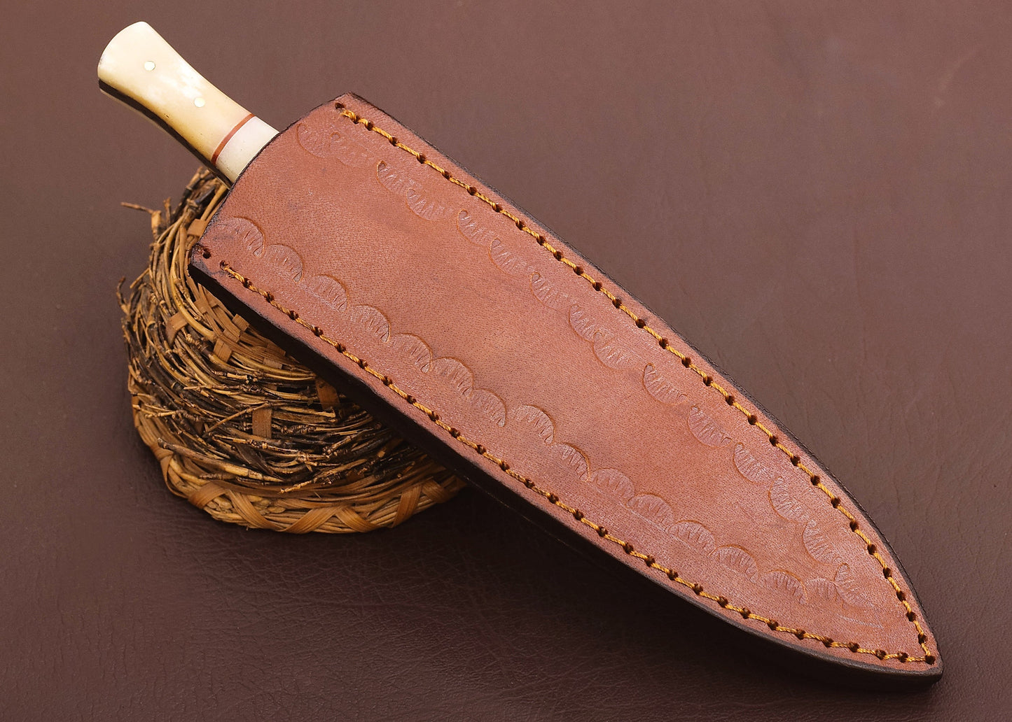 Custom Handmade Damascus Steel Combat Boot Knife Camel Bone Handle X-68