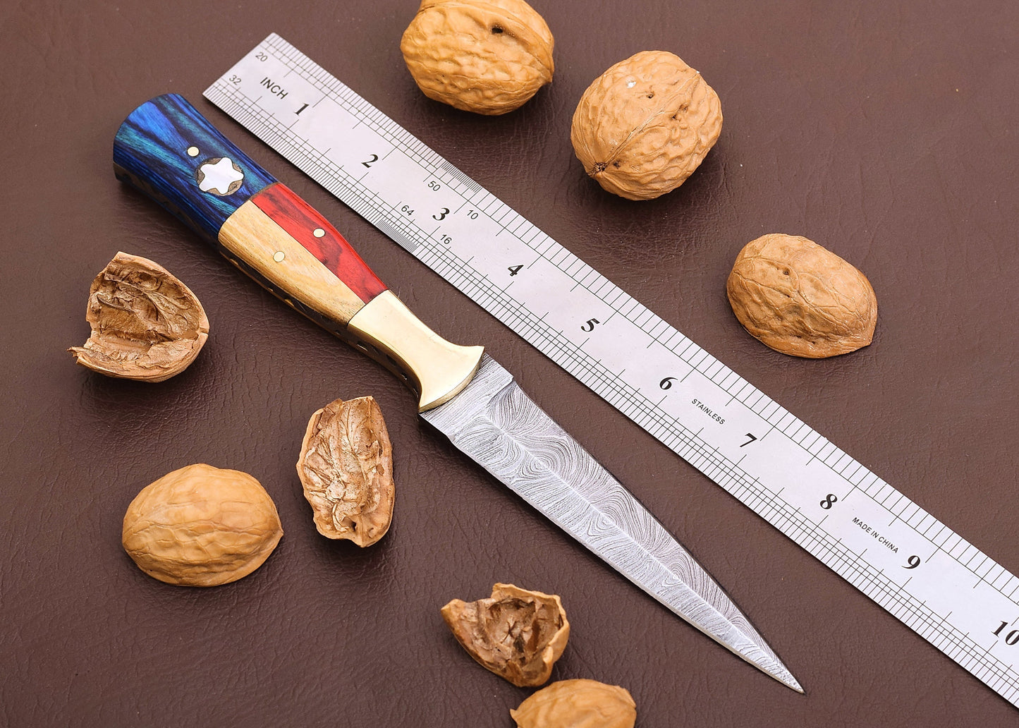 Handmade Damascus Steel Double - Edged Blade Dagger Boot Knife Ideal Throwing with Texas Flag Handle