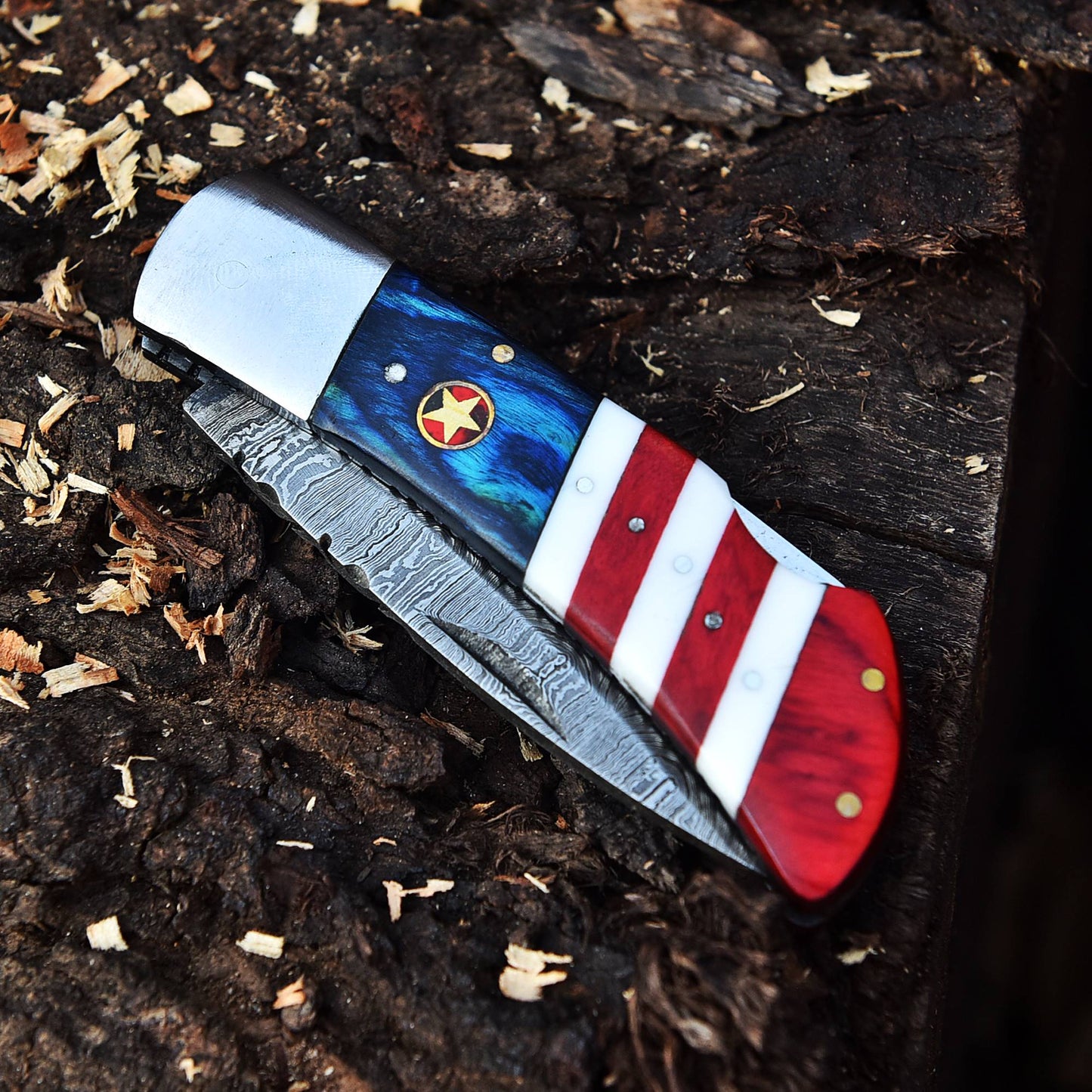 Handmade Damascus Steel Folding Knife Collector Knife Wood Resin Handle