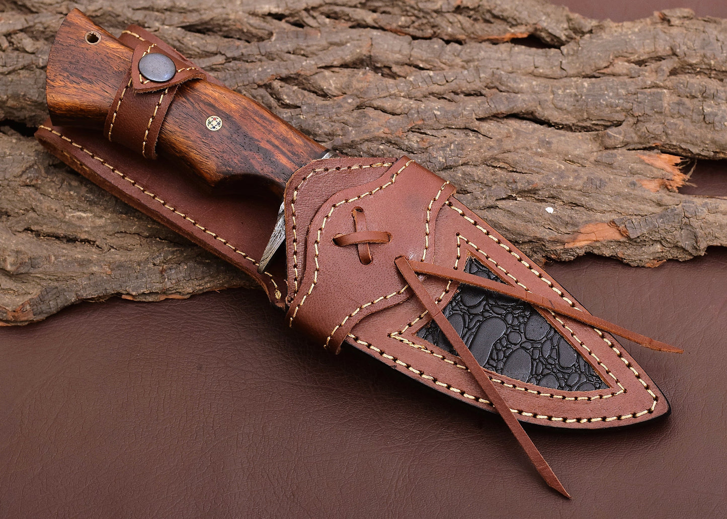 ROAR 10" Handmade Damascus Hunting Knife with Leather Sheath - Ideal Skinning Camping Outdoor EDC Fixed Blade Survival