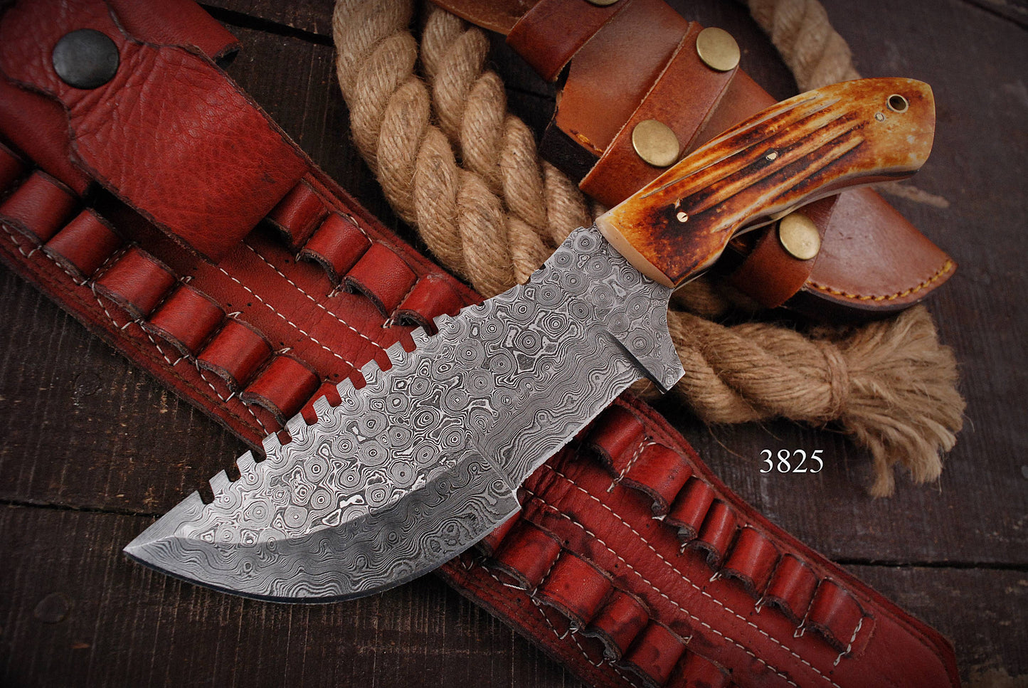 10”Custom Hand Made Forged Damascus Steel Tracker Hunting Camping Knife Bone Handle