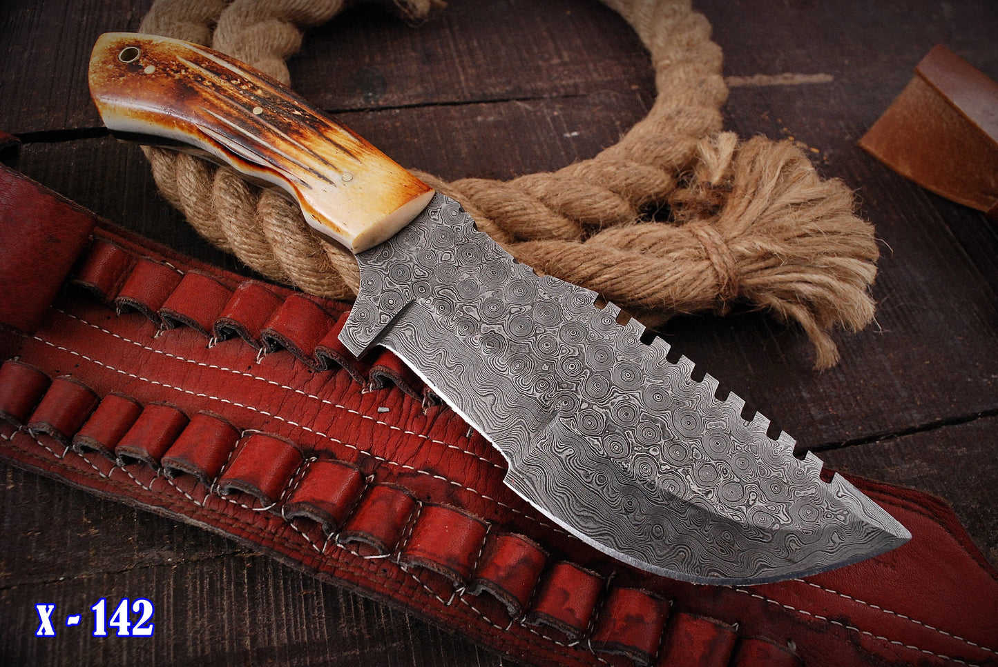 10”Custom Hand Made Forged Damascus Steel Tracker Hunting Camping Knife Bone Handle