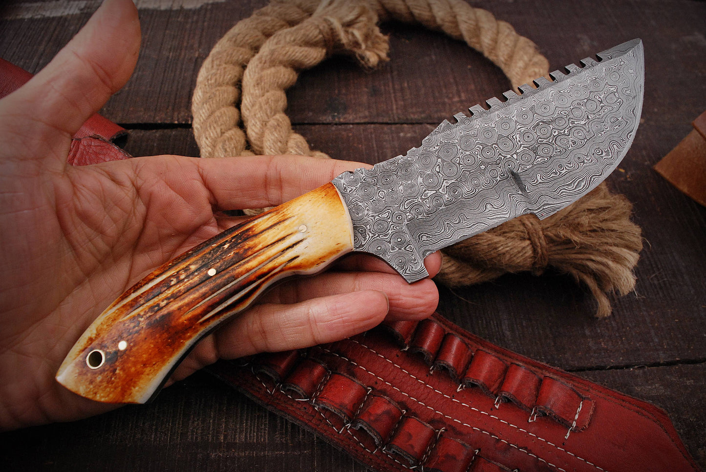 10”Custom Hand Made Forged Damascus Steel Tracker Hunting Camping Knife Bone Handle
