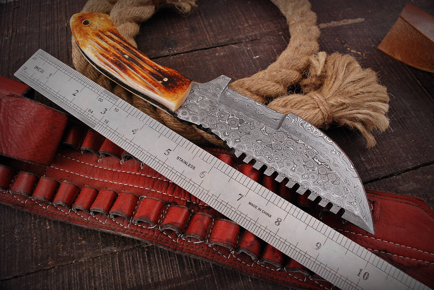 10”Custom Hand Made Forged Damascus Steel Tracker Hunting Camping Knife Bone Handle