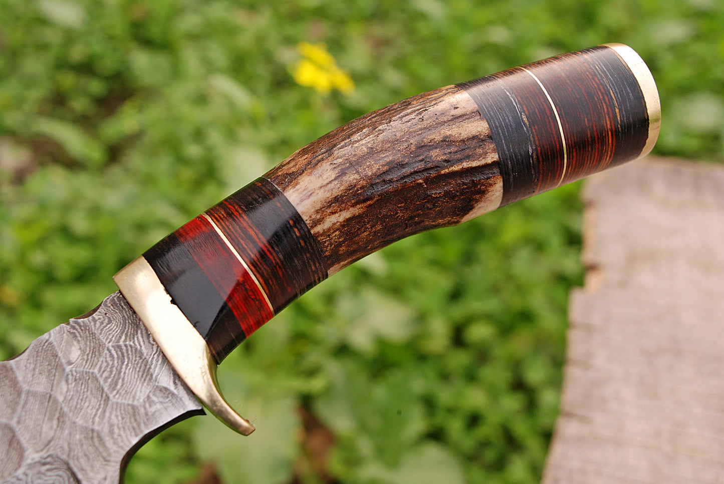 Handmade Forged Damascus Steel Kitchen Utility Knife Outdoor Camping with Deer Stag Antler Handle and Leather Sheath