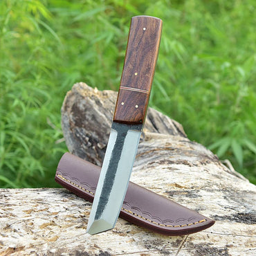 Handmade Carbon Steel Tanto knife Full tang - Wood Handle with Leather Sheath