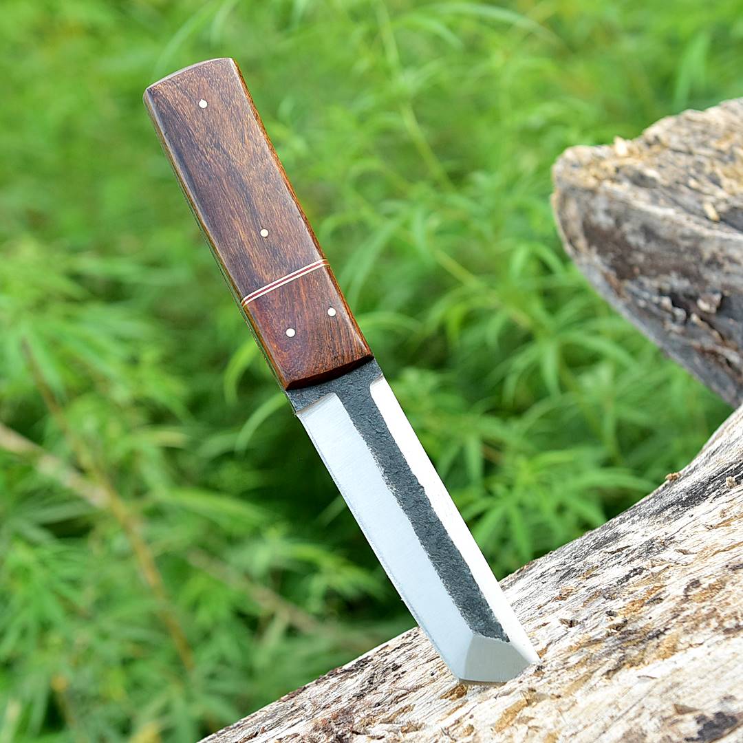 Handmade Carbon Steel Tanto knife Full tang - Wood Handle with Leather Sheath
