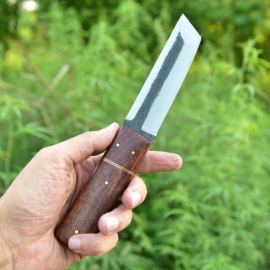 Handmade Carbon Steel Tanto knife Full tang - Wood Handle with Leather Sheath