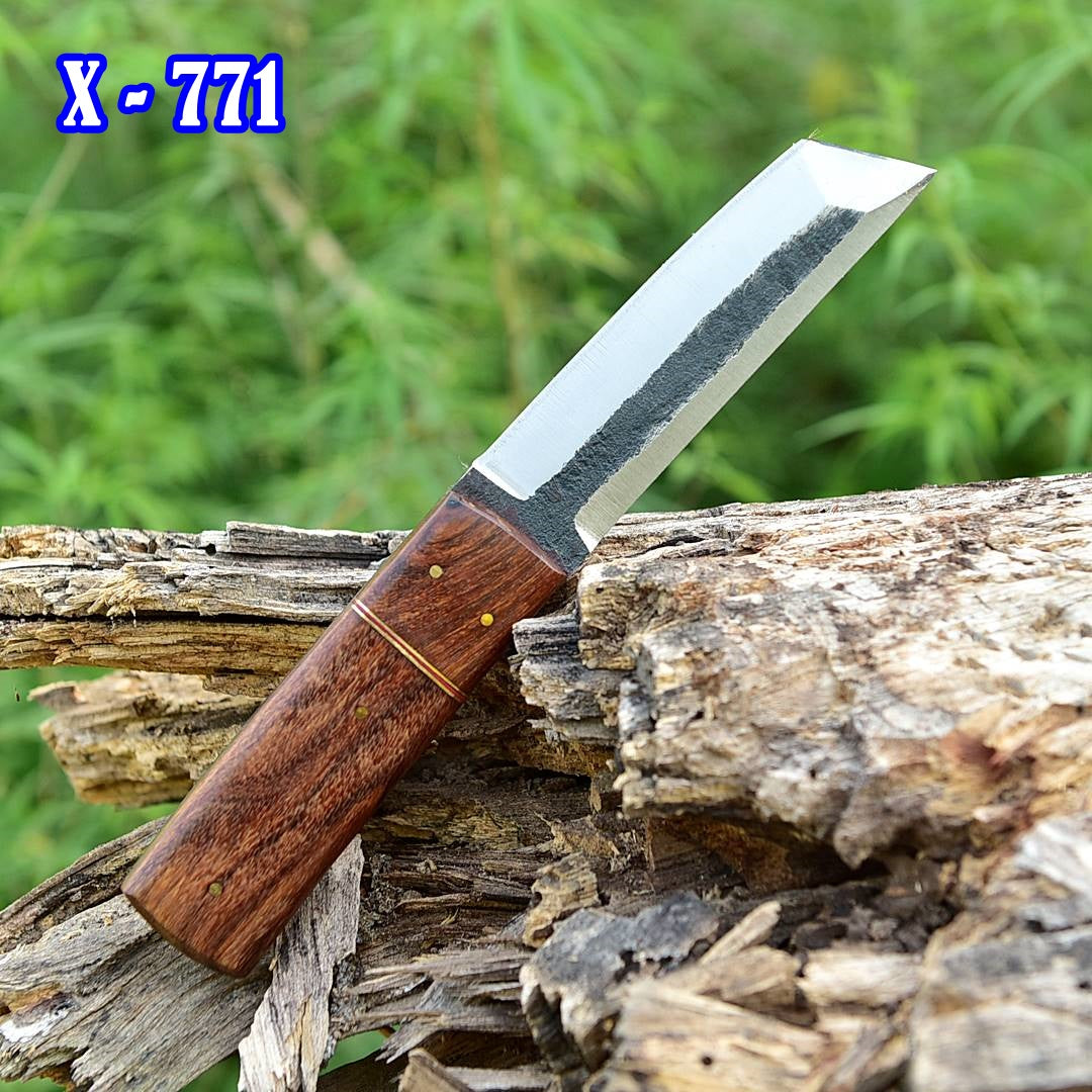 Handmade Carbon Steel Tanto knife Full tang - Wood Handle with Leather Sheath