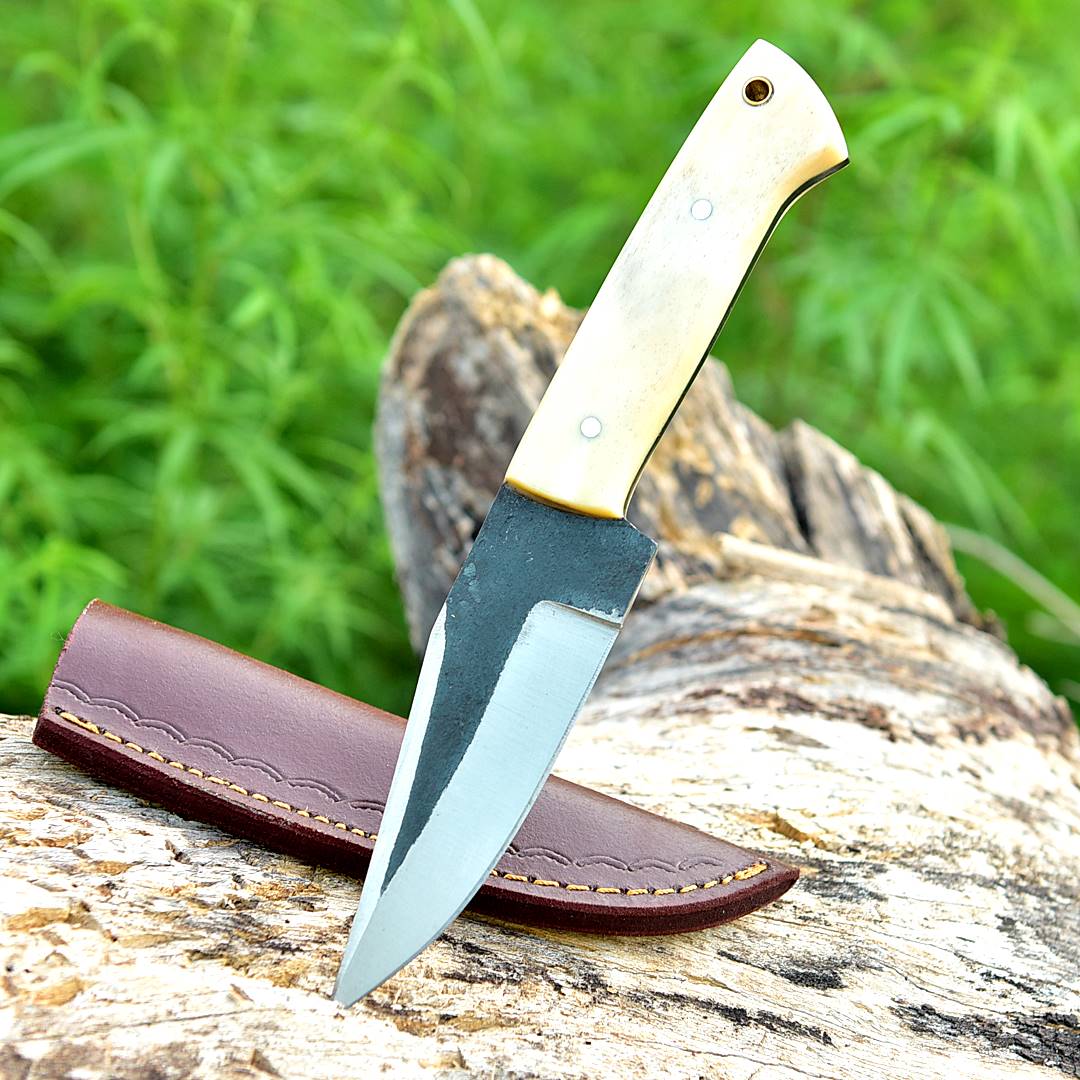 Handmade Carbon Steel Skinner Knife - Camel Bone Handle - 9" Full Tang Knife