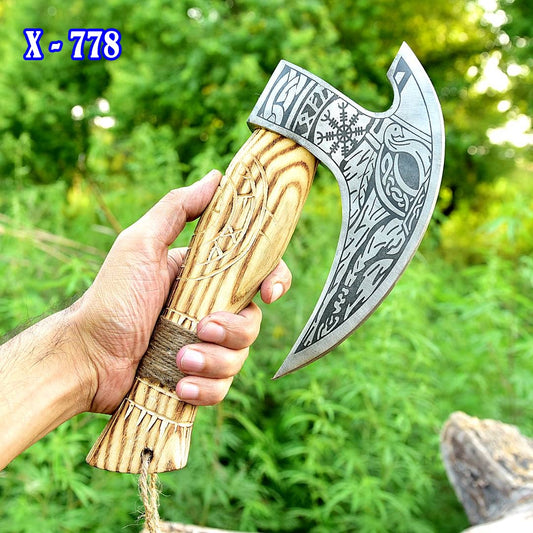 Forged Carbon Steel Pizza Cutter Axe with Burn Ash Wood Shaft - Viking Axe- Ulu Alaskan