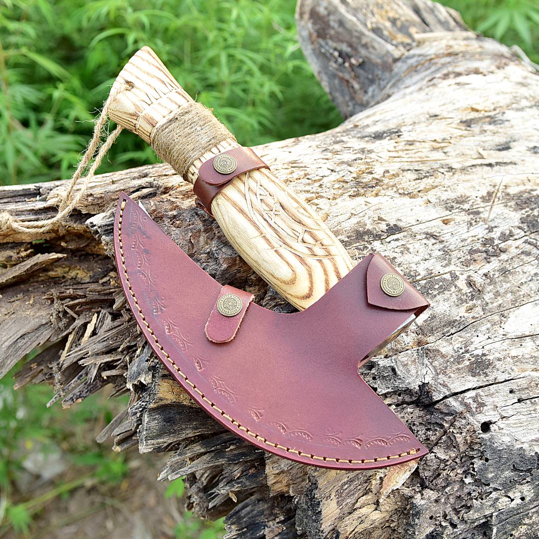 Forged Carbon Steel Pizza Cutter Axe with Burn Ash Wood Shaft - Viking Axe- Ulu Alaskan