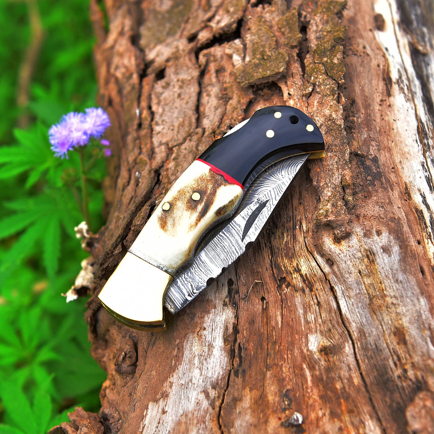 Handmade Damascus Steel Hunting Pocket Folding Knife with BackLock - Camping Folding Blade With Stag & Wood Handle