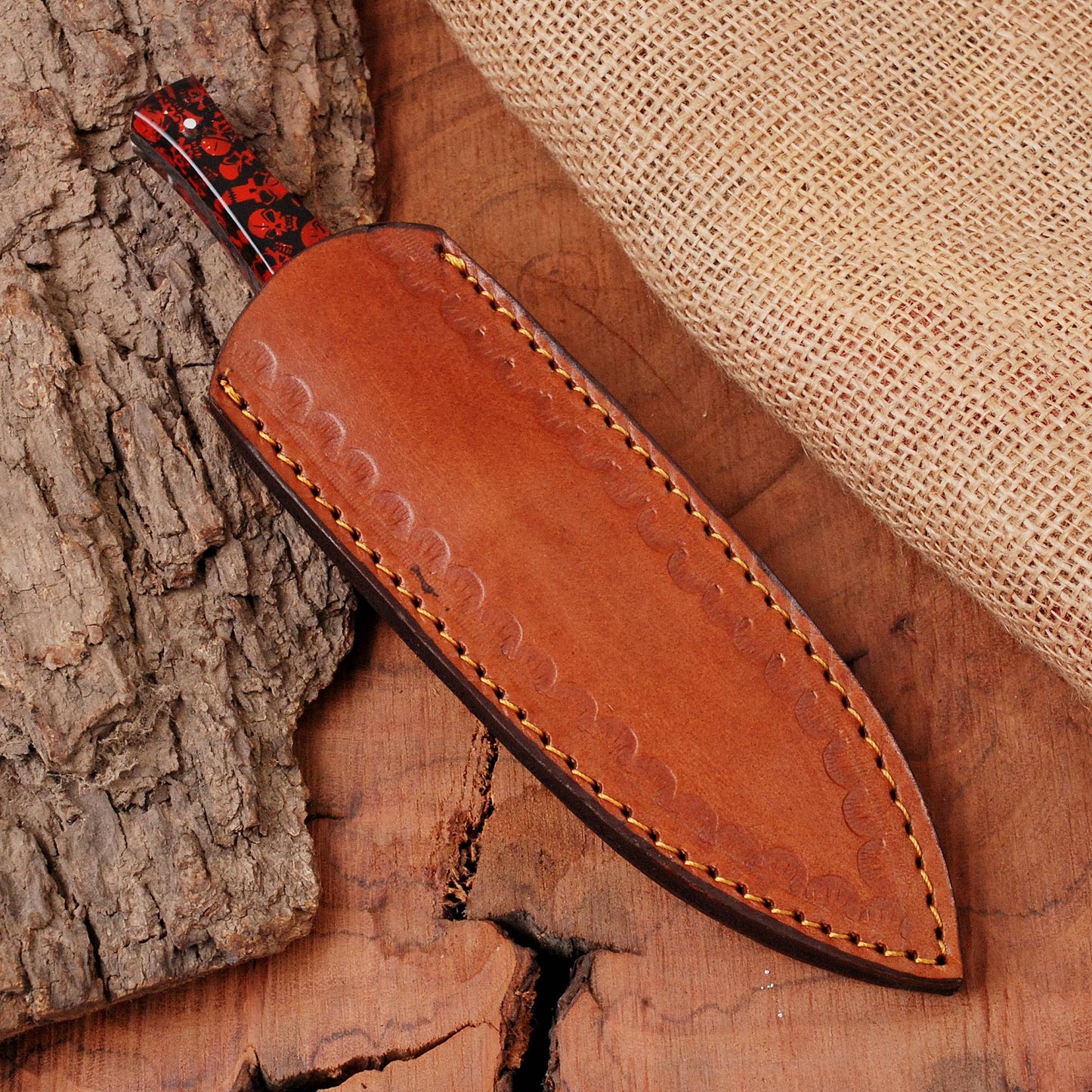 Handmade Damascus Steel Dagger Knife - Full Tang Knife - Red Skull Resin Handle