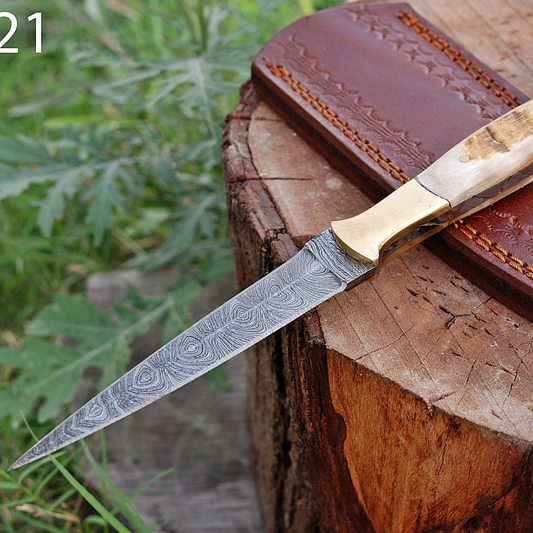 Damascus Knife Double-Edged Forged Steel Fixed Boot Knife Original Ram Horn Handle