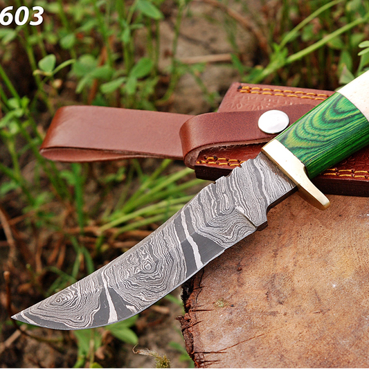 Handmade Damascus Bowie Knife Bone & Green Wood Handle