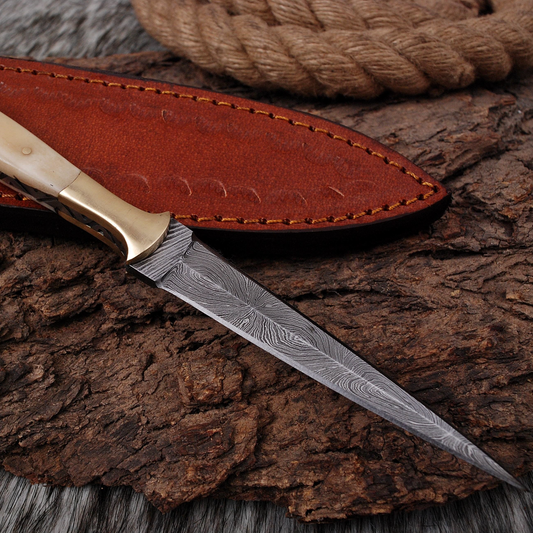 Handmade Damascus Steel Boot Knife Camel Bone Handle Brass Bolster x-148