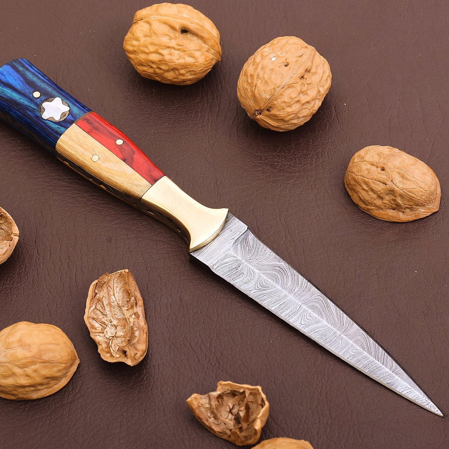 Handmade Damascus Steel Double - Edged Blade Dagger Boot Knife Ideal Throwing with Texas Flag Handle