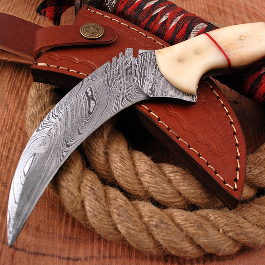 Handmade Damascus Steel Double - Edged Blade Knife Camel Bone Handle x-197