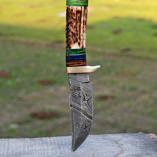 Stag Antler Knife Forged Damascus Skinner Knife Deer Stag Handle with Leather Sheath