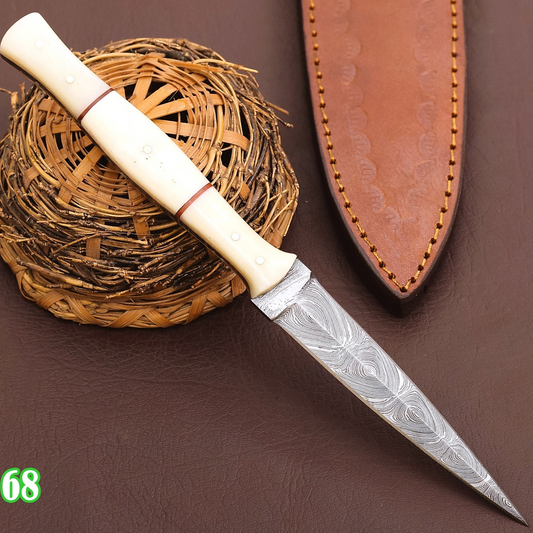 Custom Handmade Damascus Steel Combat Boot Knife Camel Bone Handle X-68