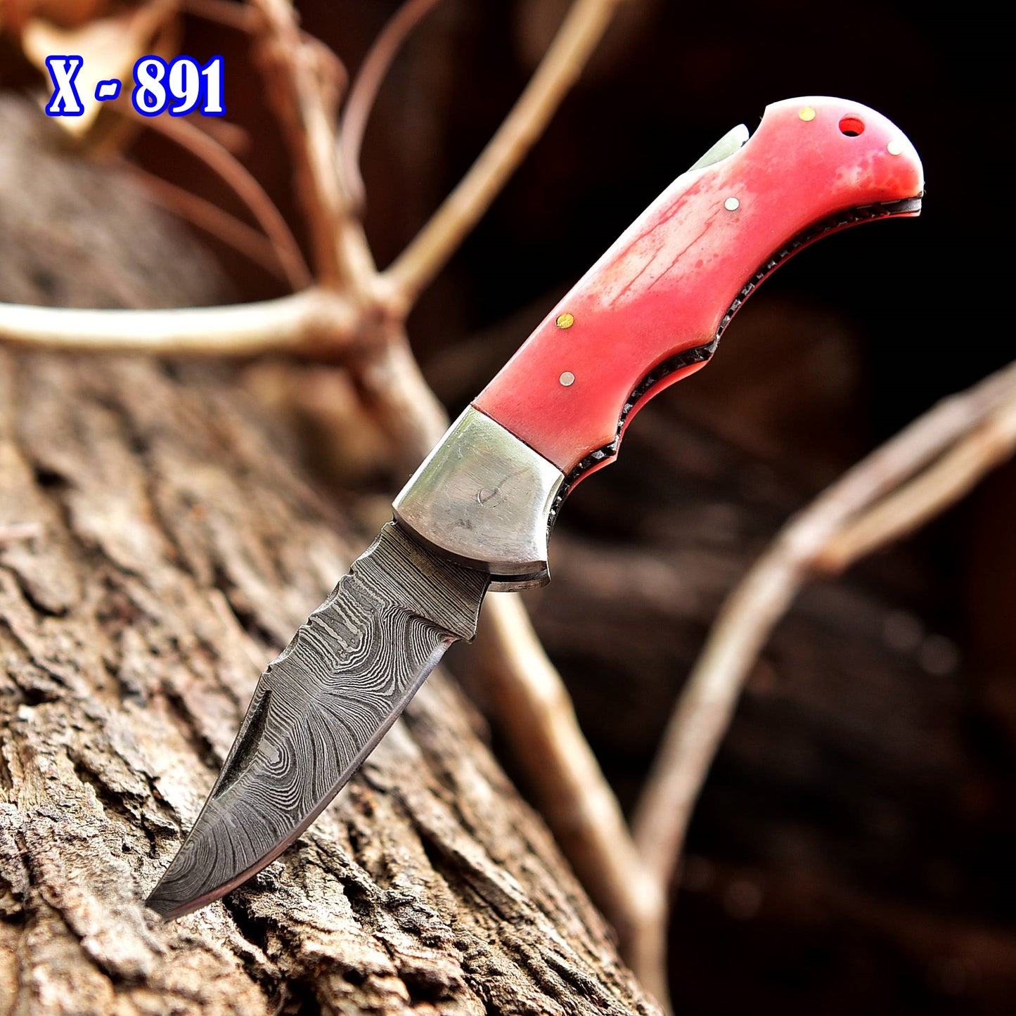 Handmade Damascus Pocket Folding Blade Knife - Clip Holder - Pink Bone Handle