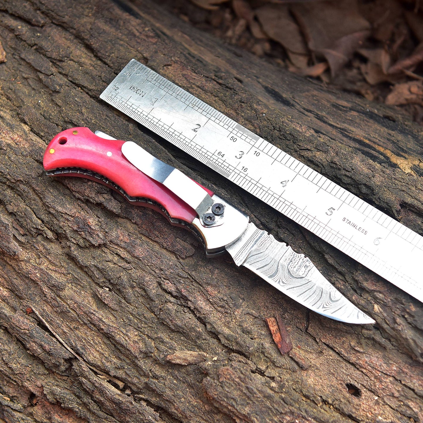 Handmade Damascus Pocket Folding Blade Knife - Clip Holder - Pink Bone Handle