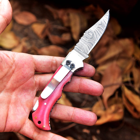 Handmade Damascus Pocket Folding Blade Knife - Clip Holder - Pink Bone Handle