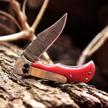 Handmade Damascus Pocket Folding Blade Knife - Clip Holder - Pink Bone Handle