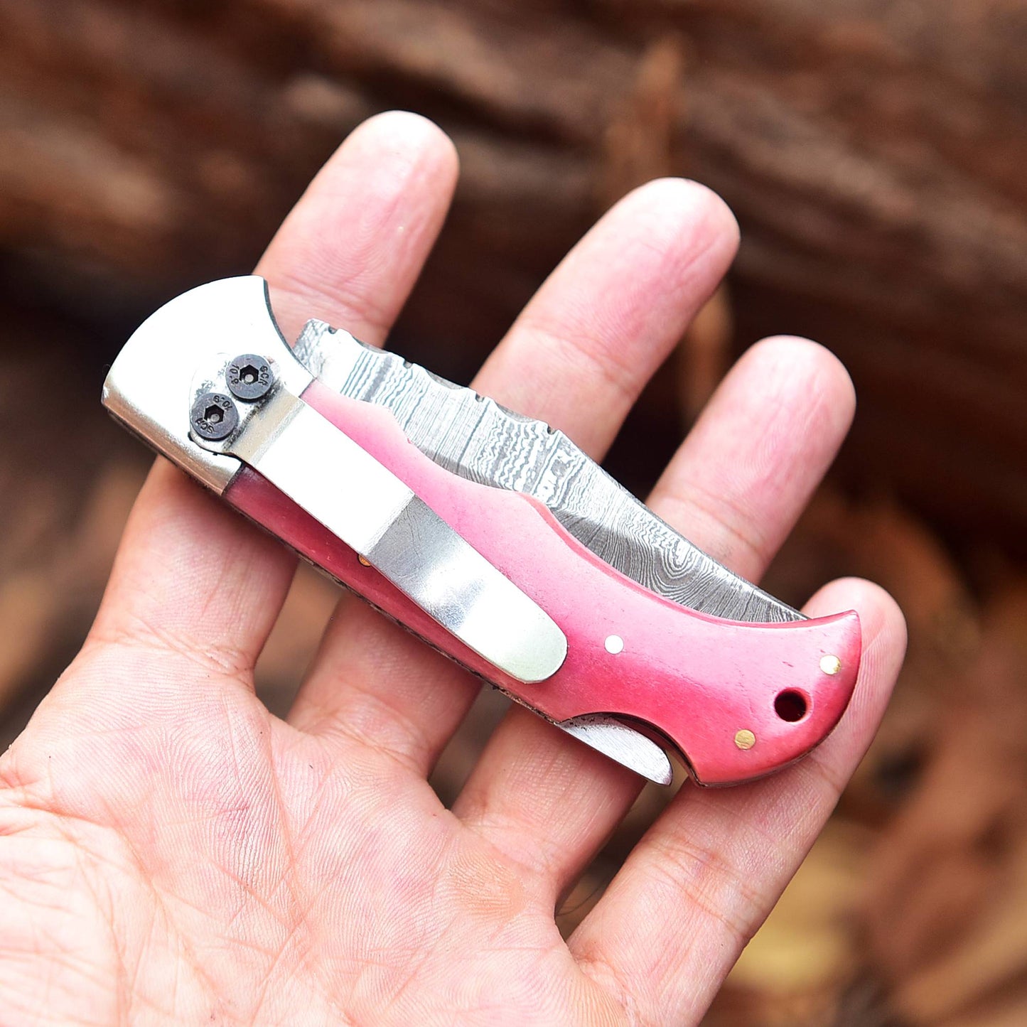 Handmade Damascus Pocket Folding Blade Knife - Clip Holder - Pink Bone Handle