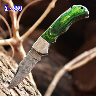 Handmade Damascus Steel Outdoor Hunting Folding Pocket Knife Wood Handle