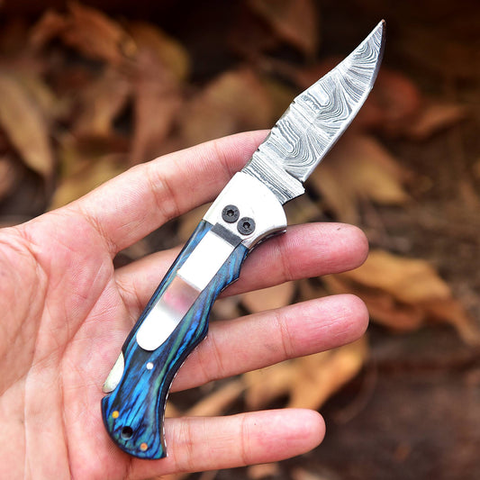 Handmade Damascus Pocket Folding Blade Knife - Clip Holder - Blue PakkaWood Handle