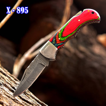 Handmade Damascus Steel Pocket Folding Blade Knife - Cilp Holder Wood Handle