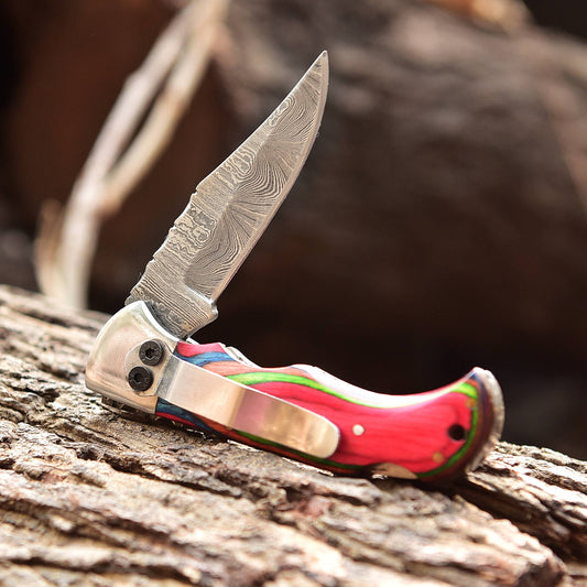 Handmade Damascus Steel Pocket Folding Blade Knife - Cilp Holder Wood Handle