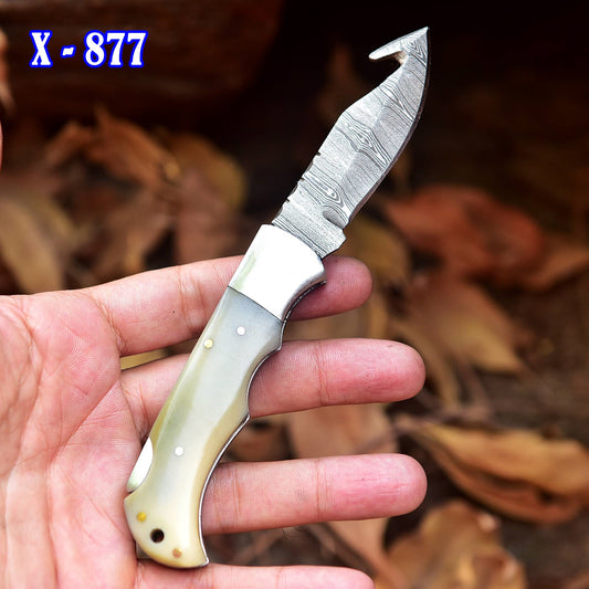 Handmade Damascus Pocket Folding Blade Knife - Clip Holder - Gray Bone Handle