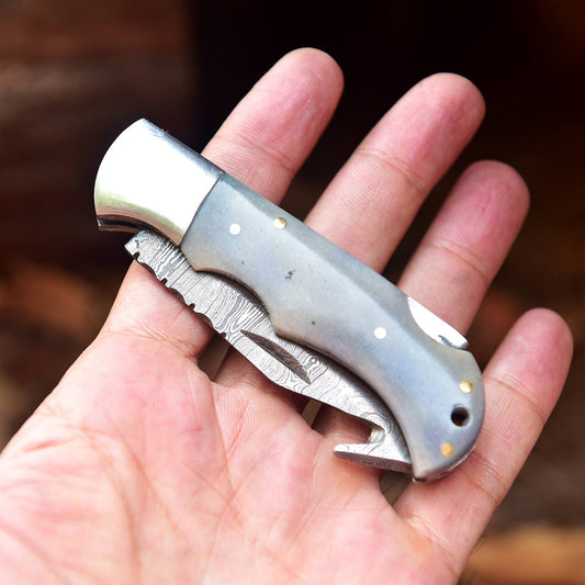 Handmade Damascus Steel Pocket Folding Guthook Blade Knife - Gray Bone Handle