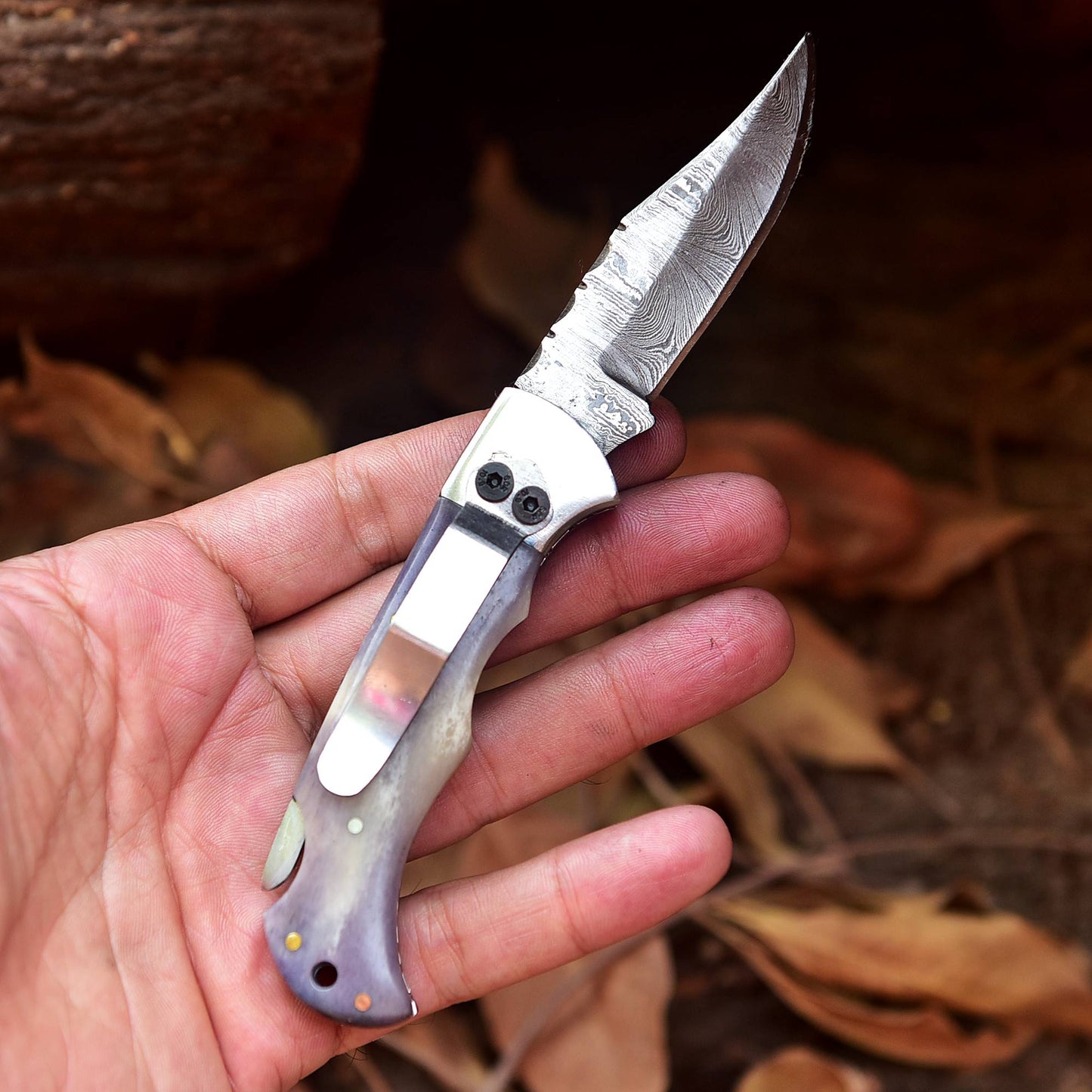 Handmade Damascus Pocket Folding Blade Knife - Clip Holder - Gray Bone Handle