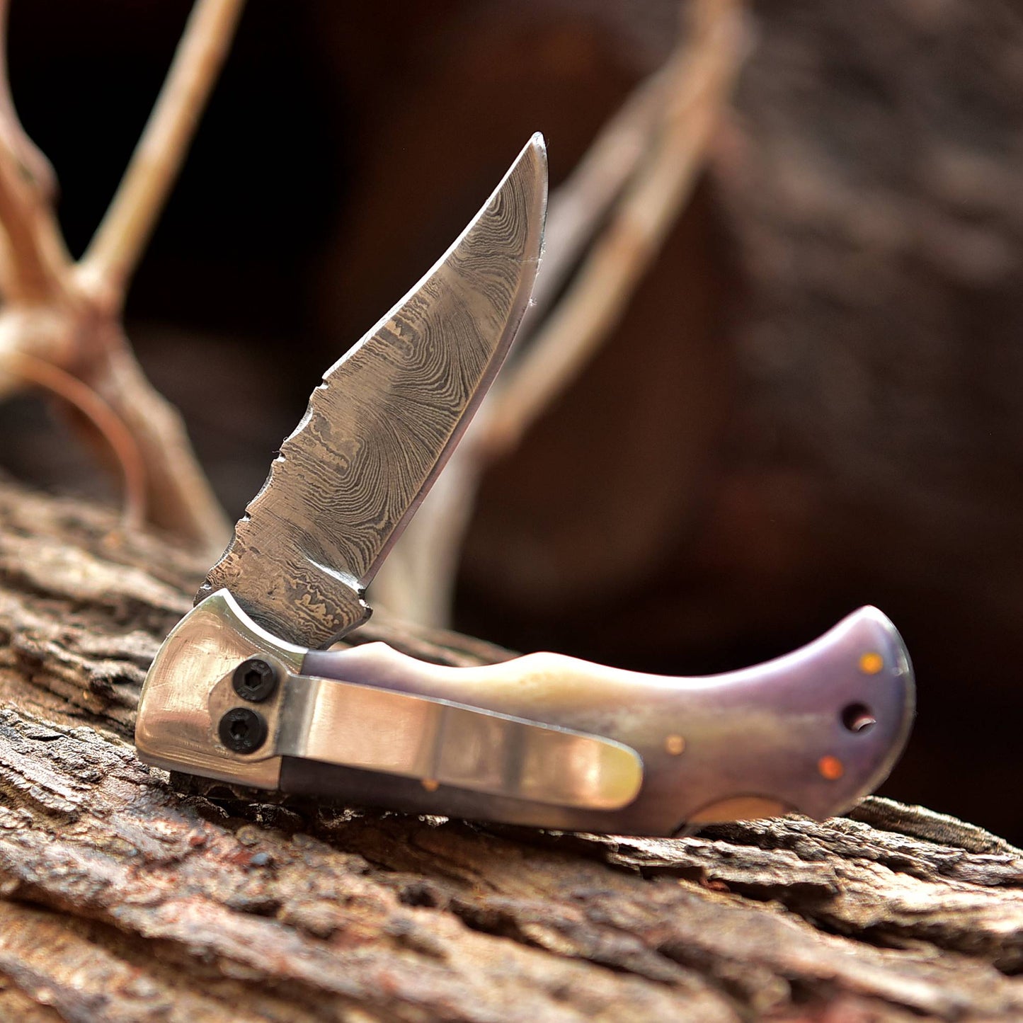 Handmade Damascus Pocket Folding Blade Knife - Clip Holder - Gray Bone Handle