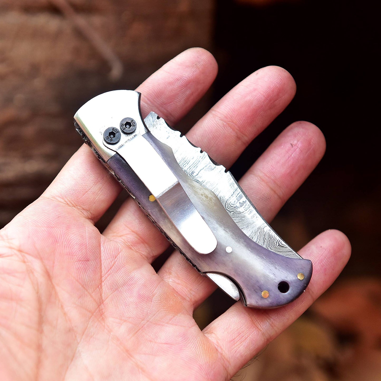 Handmade Damascus Pocket Folding Blade Knife - Clip Holder - Gray Bone Handle