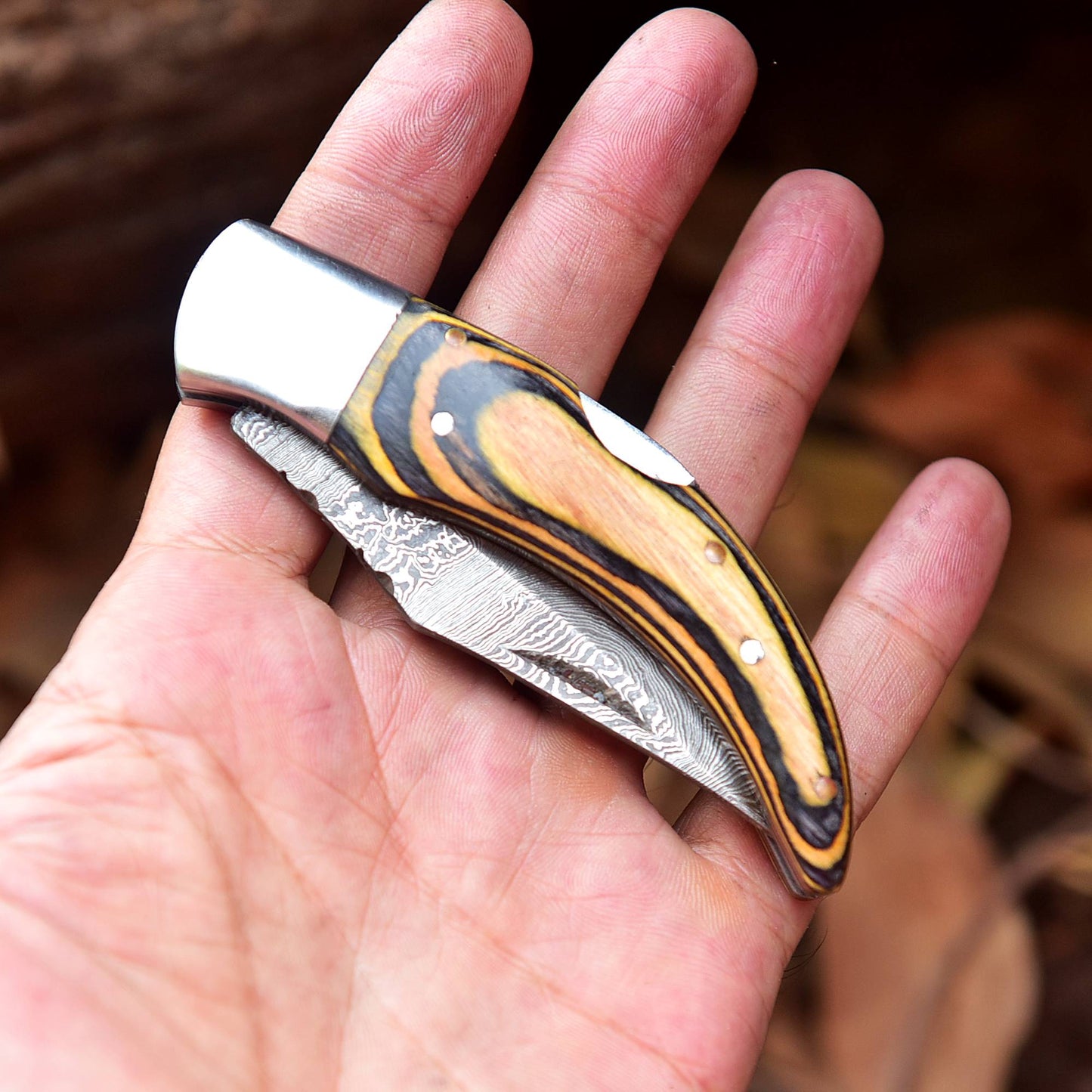 Damascus Folding Blade Knife - 7" Handmade Gift Knife - Camping Pocket Knife