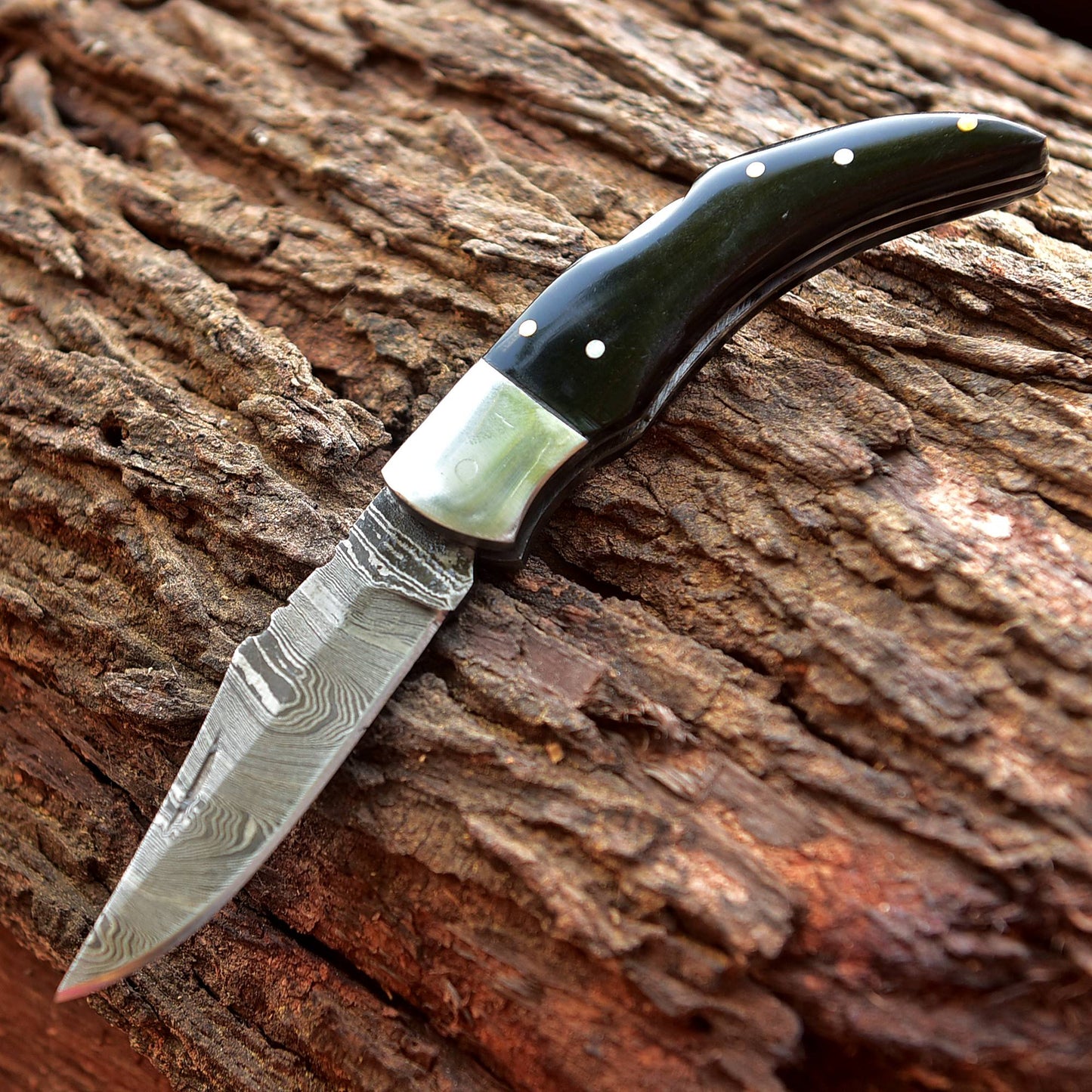 7" Handmade Damascus Pocket Knife - Folding Pocket Knife - Bull Horn Handle