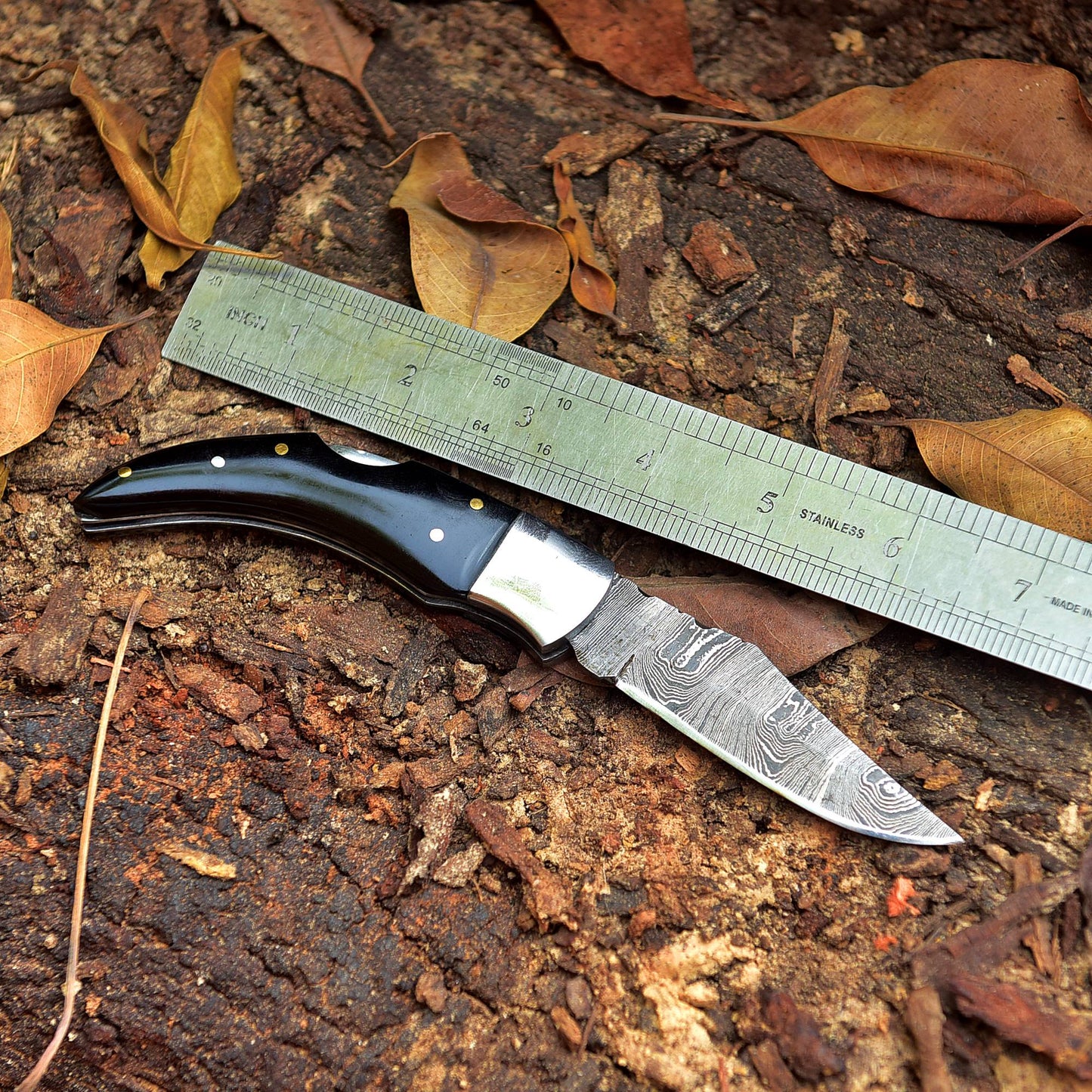 7" Handmade Damascus Pocket Knife - Folding Pocket Knife - Bull Horn Handle