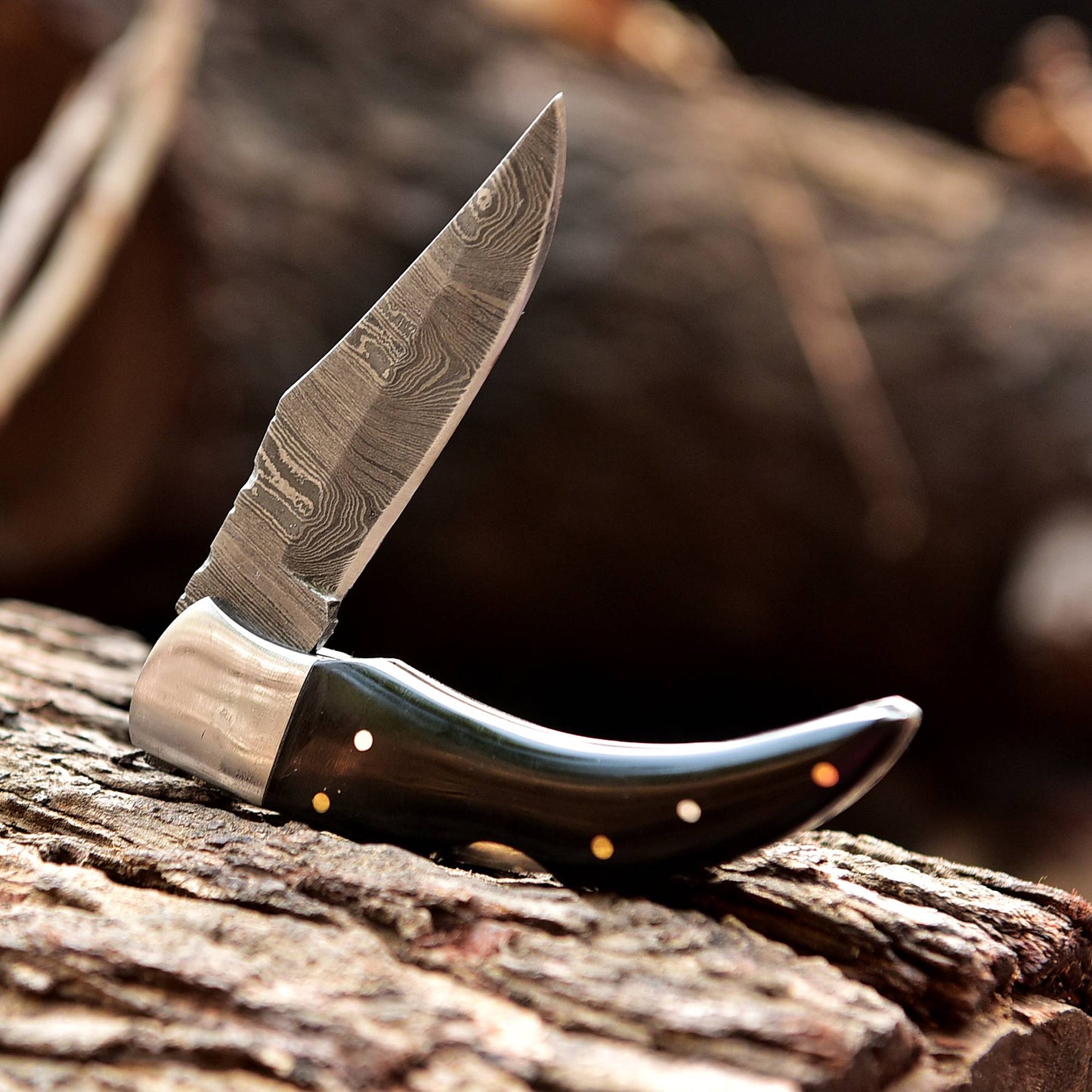 7" Handmade Damascus Pocket Knife - Folding Pocket Knife - Bull Horn Handle