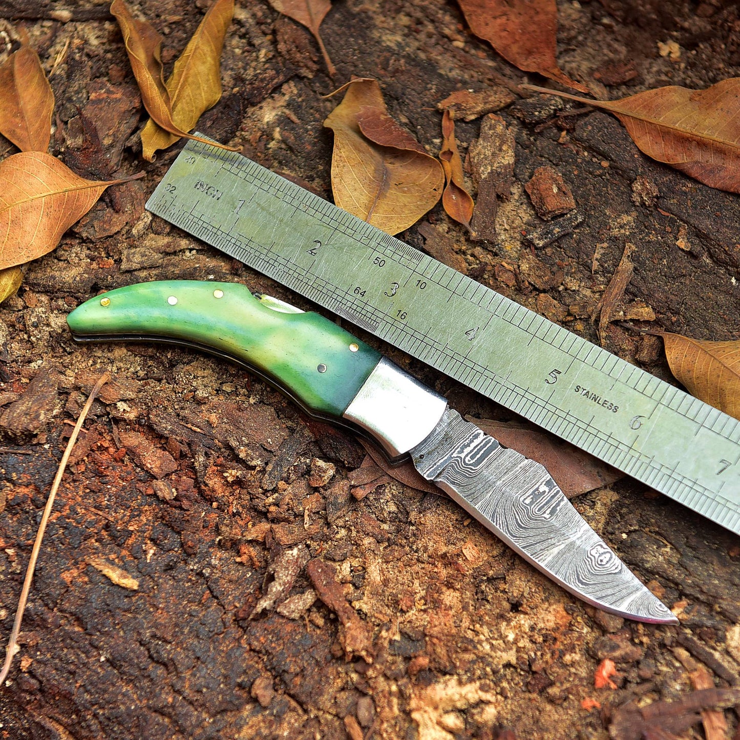 7" Handmade Damascus Steel Pocket Knife - Folding Blade Knife - Bone Handle