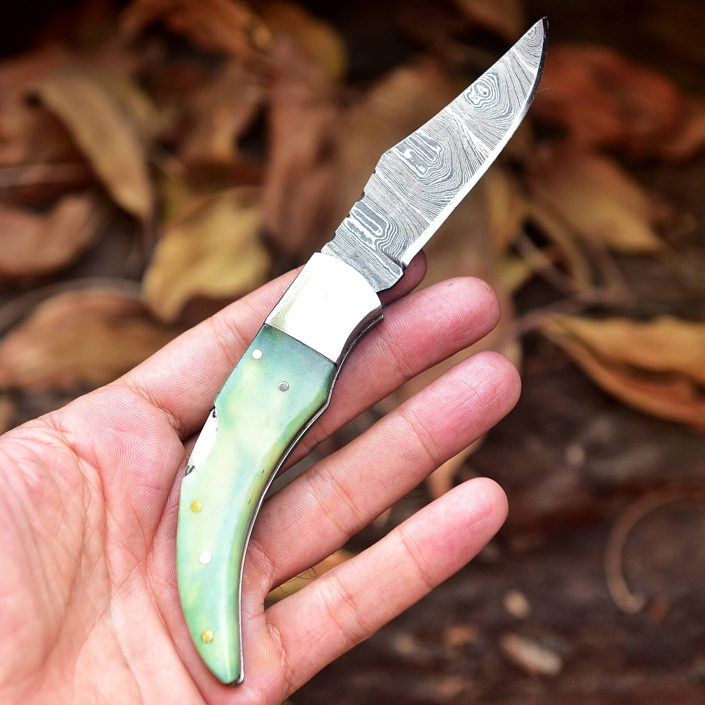 7" Handmade Damascus Steel Pocket Knife - Folding Blade Knife - Bone Handle