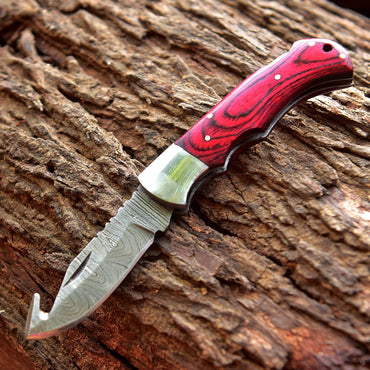 Handmade Damascus Pocket Folding Guthook Blade Knife - Red PakkaWood Handle