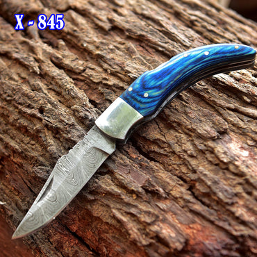 Custom Hand Forged Damascus Steel Hunting Camping Folding Knife Wood Handle