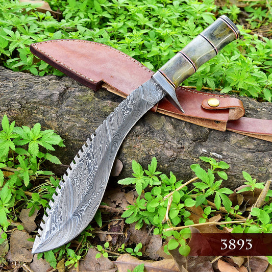 Custom Handmade Forged Damascus Steel Survival Hunting Bushcraft Kukri Knife EDC 16” With Camel Bone Handle