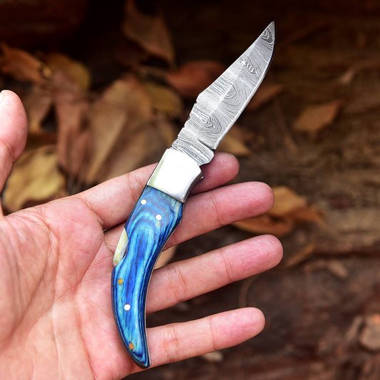 Custom Hand Forged Damascus Steel Hunting Camping Folding Knife Wood Handle