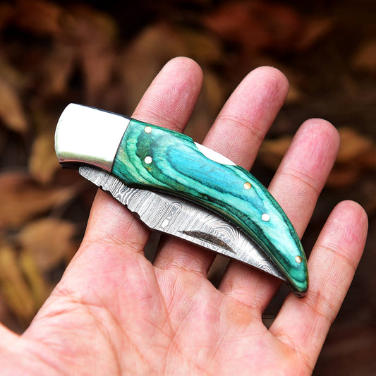 Damascus Folding Blade Knife - 7" Handmade Gift Knife - Skinner Pocket Knife